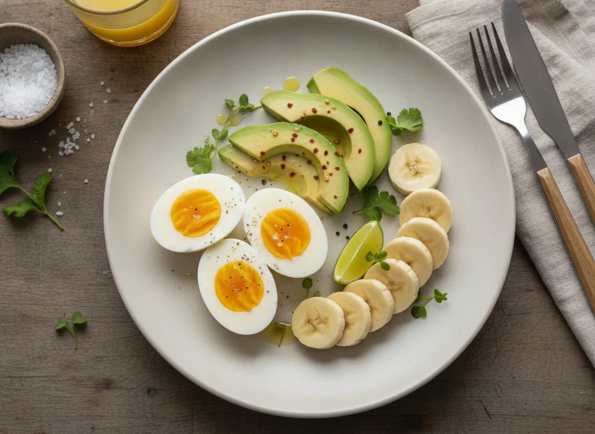 Boiled eggs with avocado and banana photo