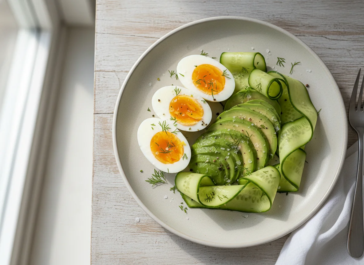 Boiled Eggs with Avocado and Cucumber photo