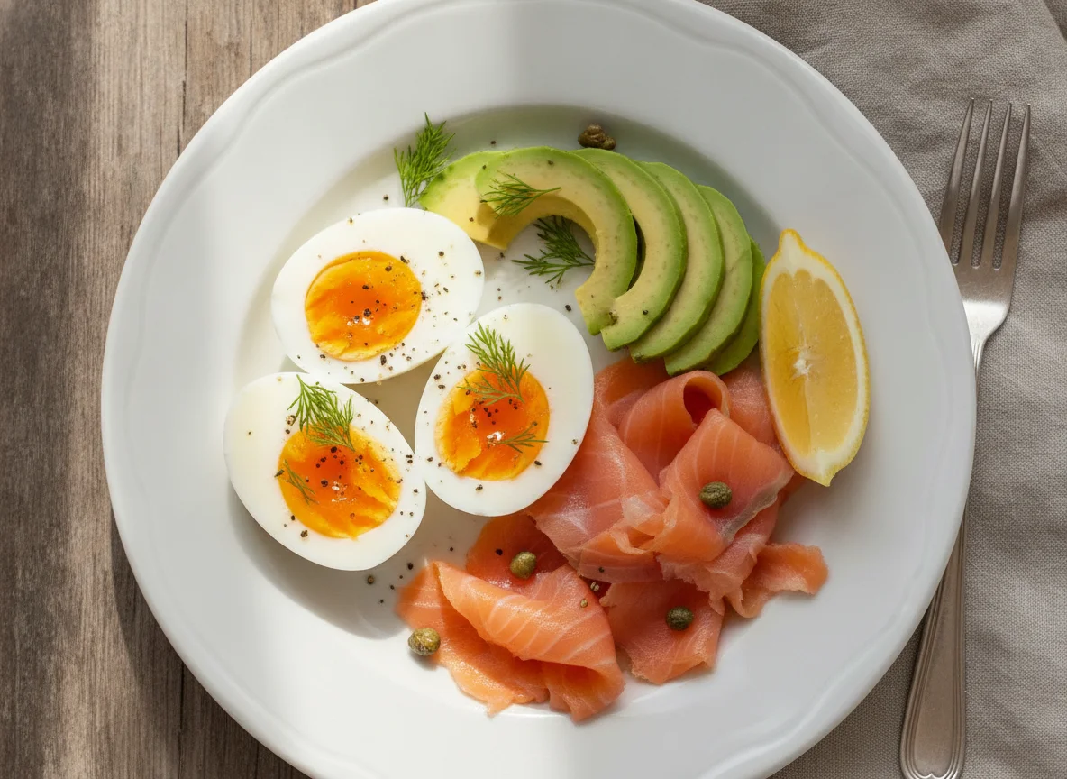 Boiled eggs with avocado and smoked salmon photo