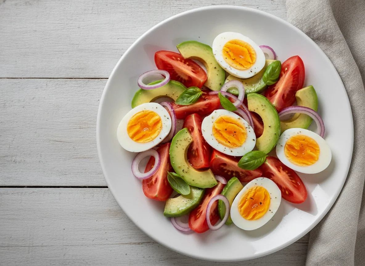 Boiled eggs with avocado and tomato salad photo