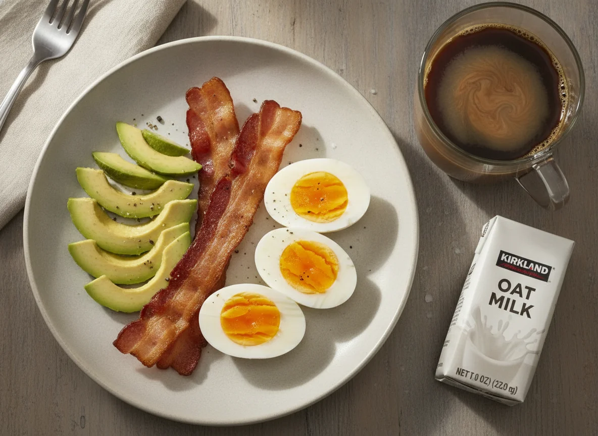 Boiled eggs with avocado, bacon, and coffee with oat milk photo