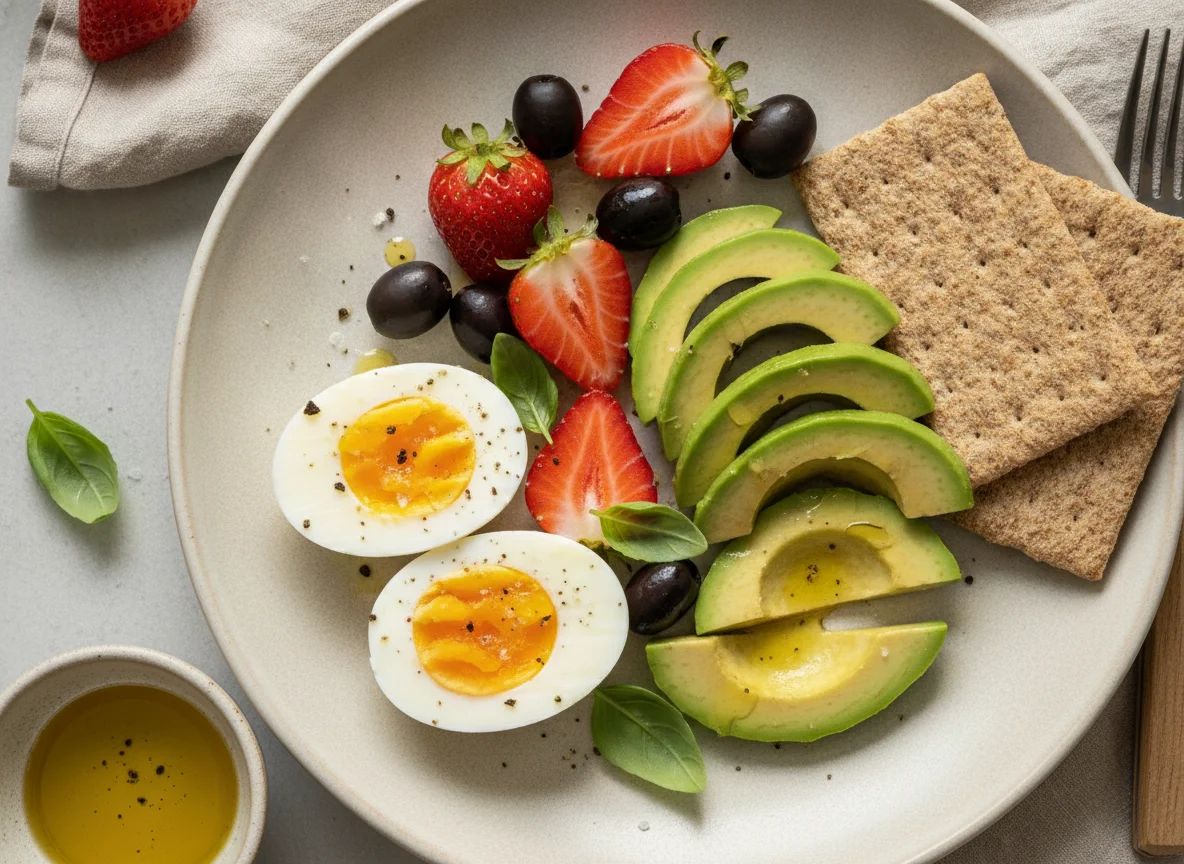 Boiled eggs with avocado, strawberries, and olives photo