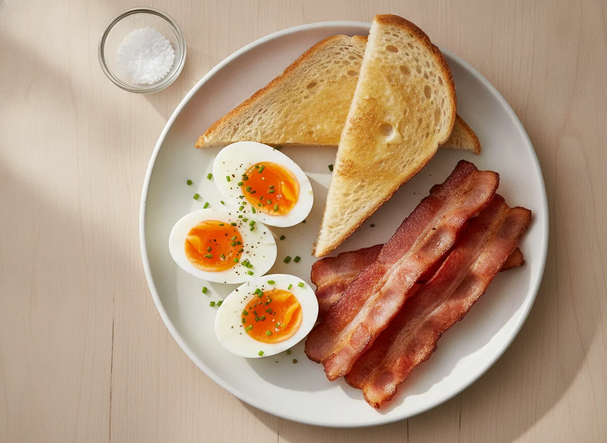 Boiled eggs with bacon and toast photo