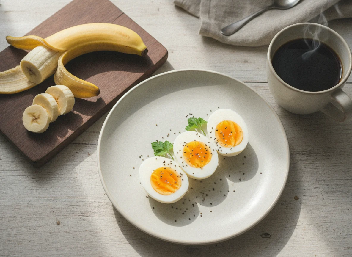 Boiled eggs with banana and black coffee photo