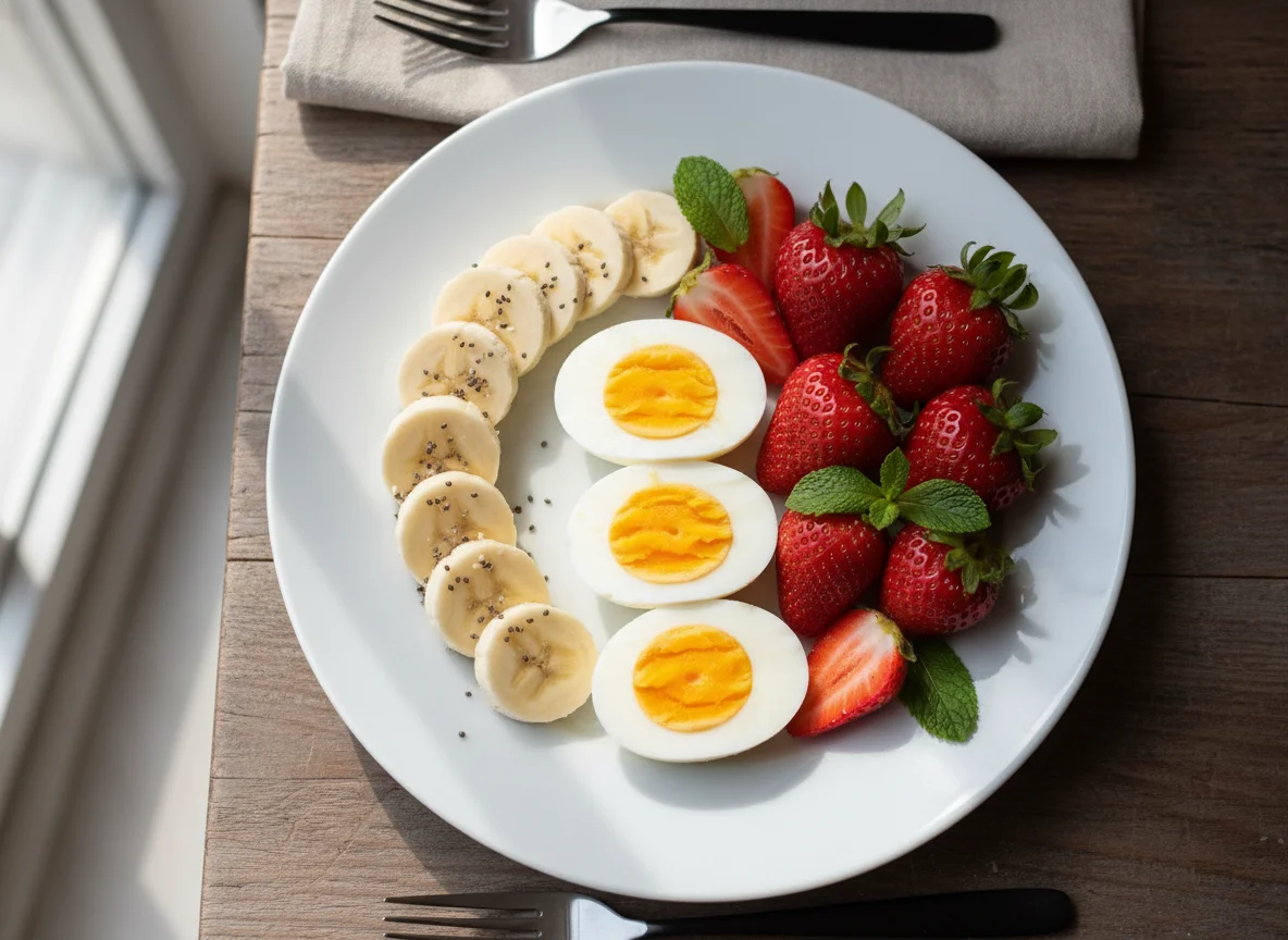 Boiled Eggs with Banana and Strawberries photo