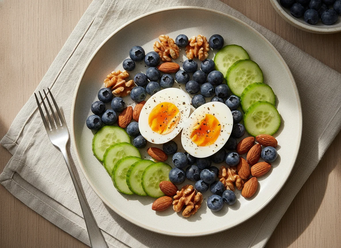 Boiled eggs with blueberries, nuts, and cucumber photo