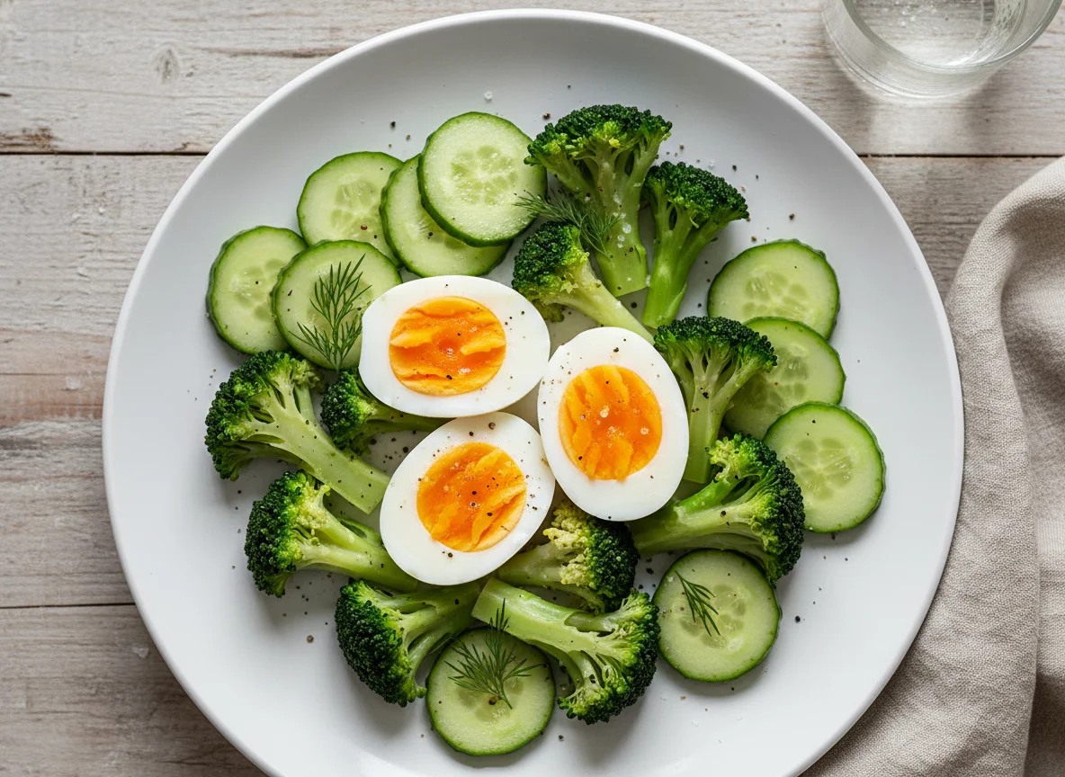 Boiled Eggs with Broccoli and Cucumber photo