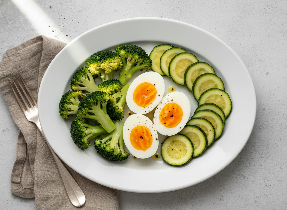 Boiled Eggs with Broccoli and Zucchini photo