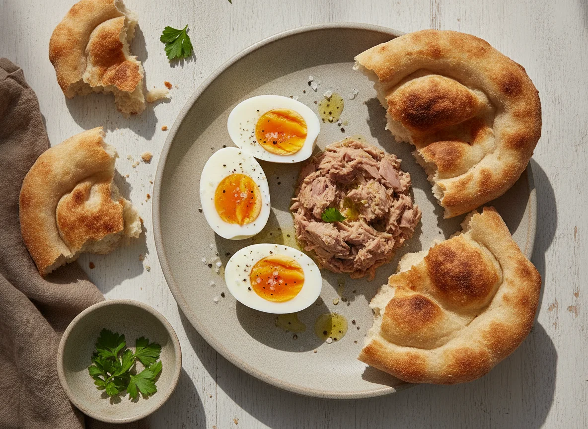 Boiled eggs with canned tuna and baladi bread photo