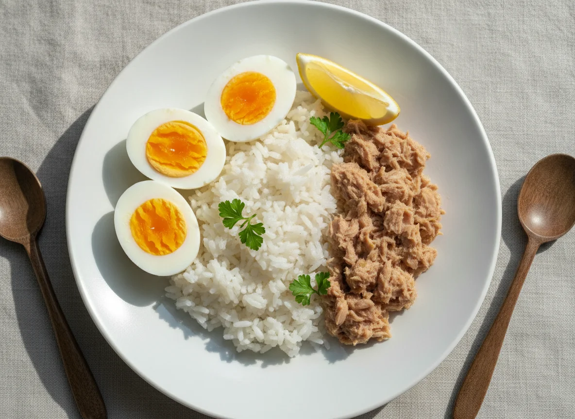 Boiled eggs with canned tuna and white rice photo