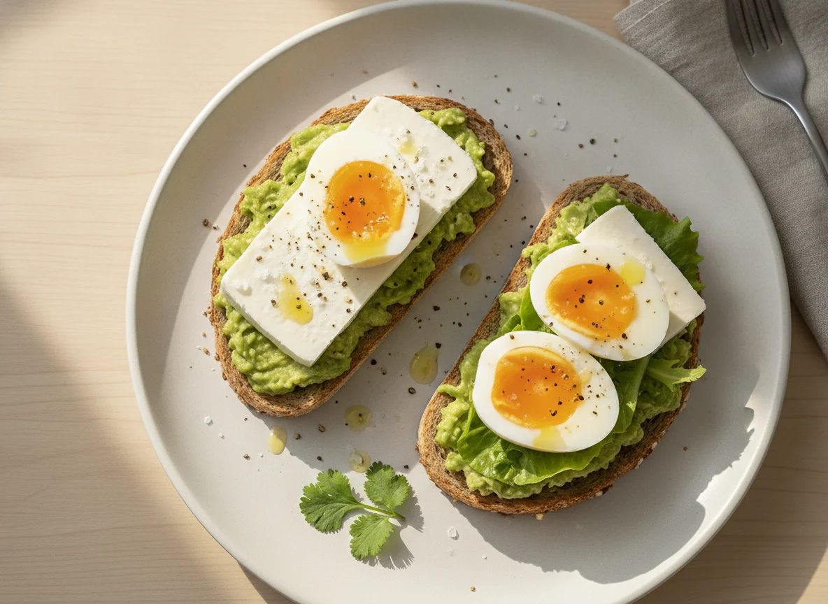 Boiled eggs with cheese and avocado toast photo