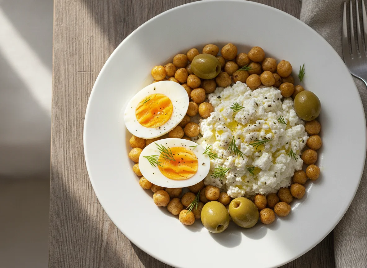 Boiled eggs with chickpeas, cottage cheese and olives photo