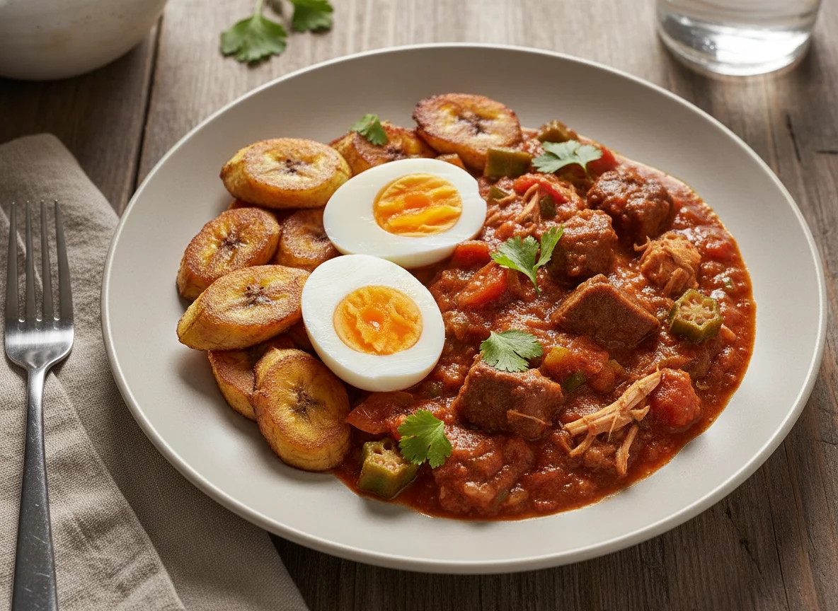 Boiled Eggs with Cooked Plantain and Stew photo