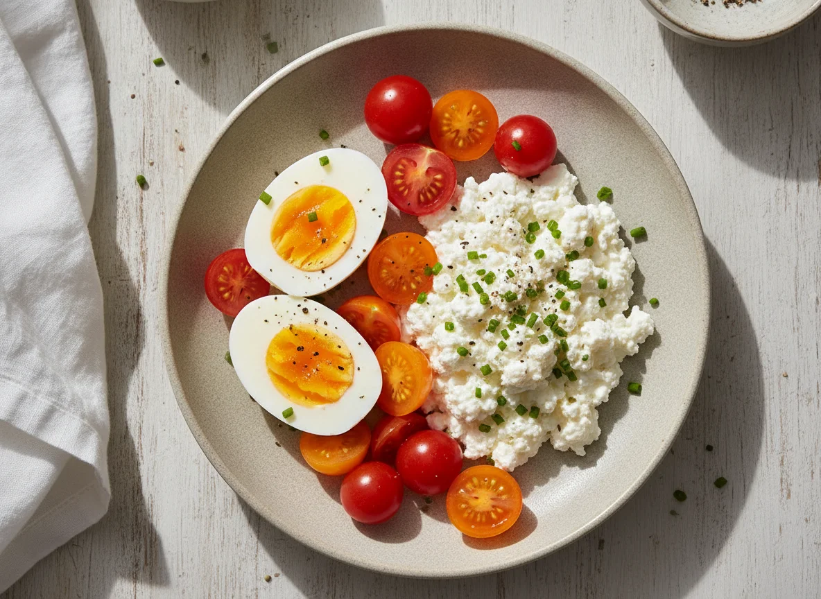Boiled eggs with cottage cheese and cherry tomatoes photo