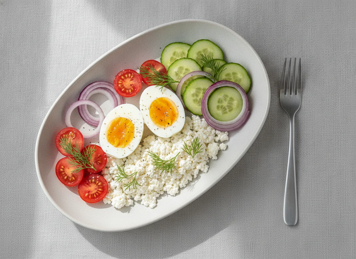 Boiled eggs with cottage cheese and fresh vegetables photo