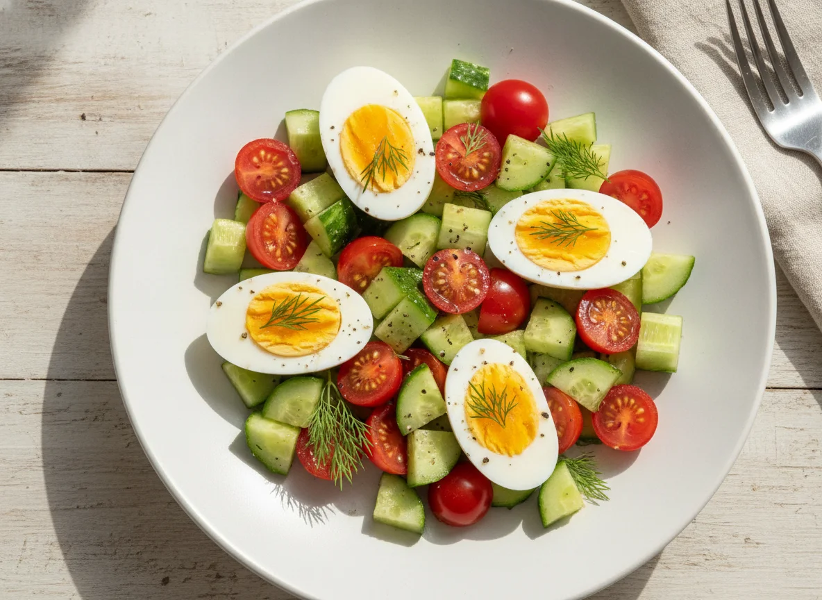 Boiled eggs with cucumber and tomato salad photo