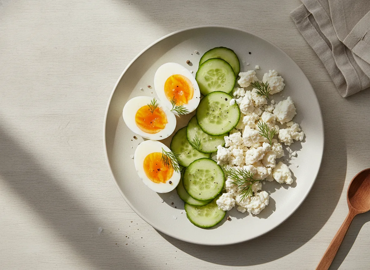 Boiled eggs with cucumber and white cheese photo