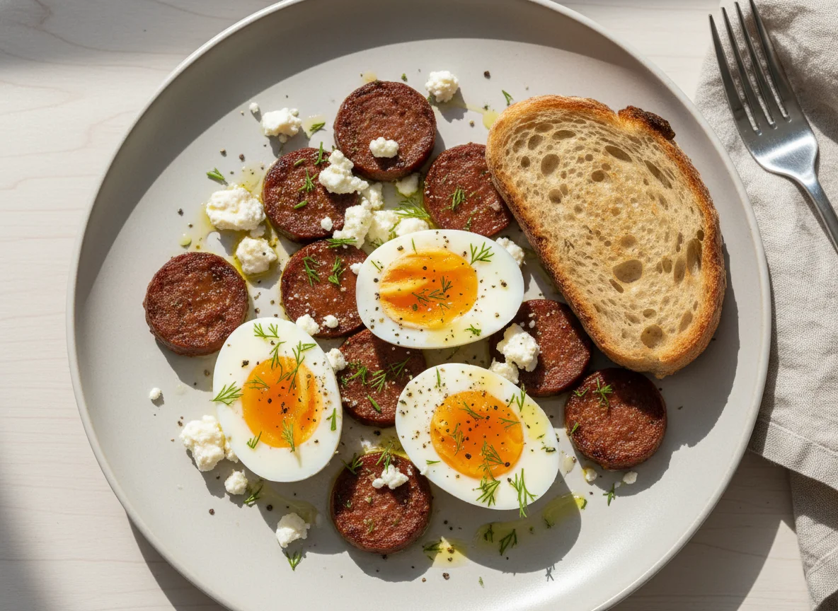 Boiled Eggs with Feta Cheese and Sausage photo