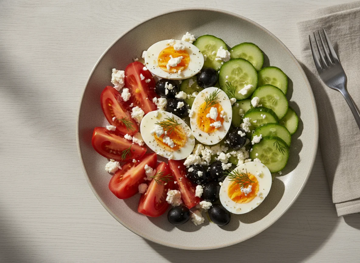 Boiled eggs with feta cheese and vegetables photo