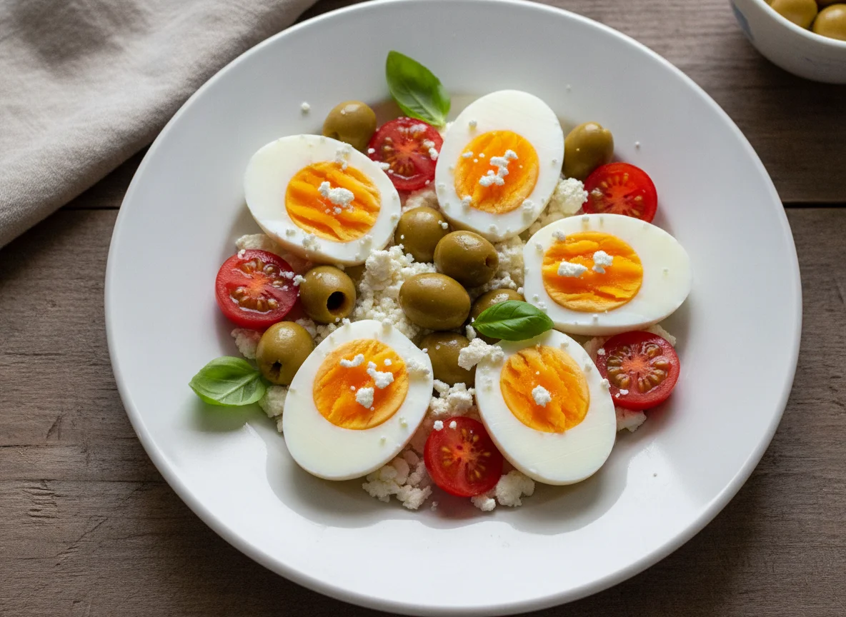 Boiled eggs with feta cheese, olives and tomatoes photo