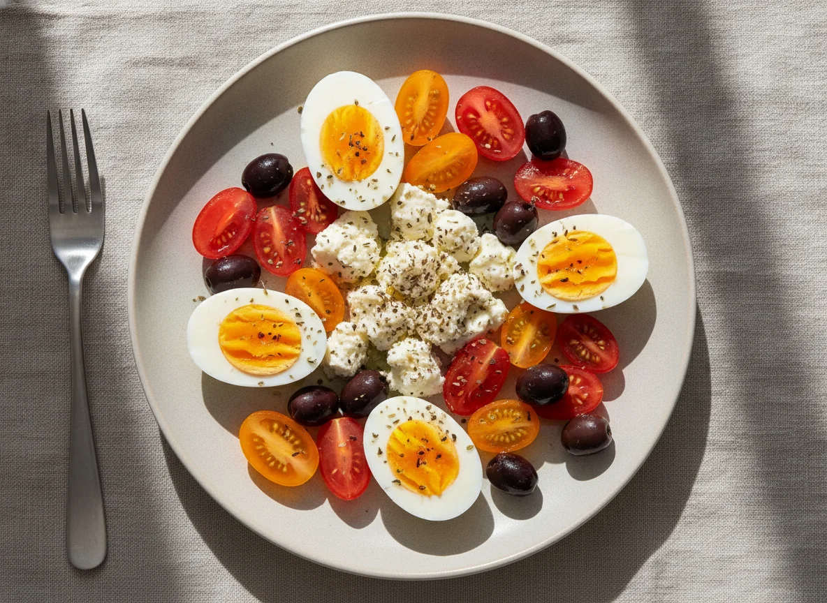 Boiled eggs with feta cheese, tomatoes and olives photo