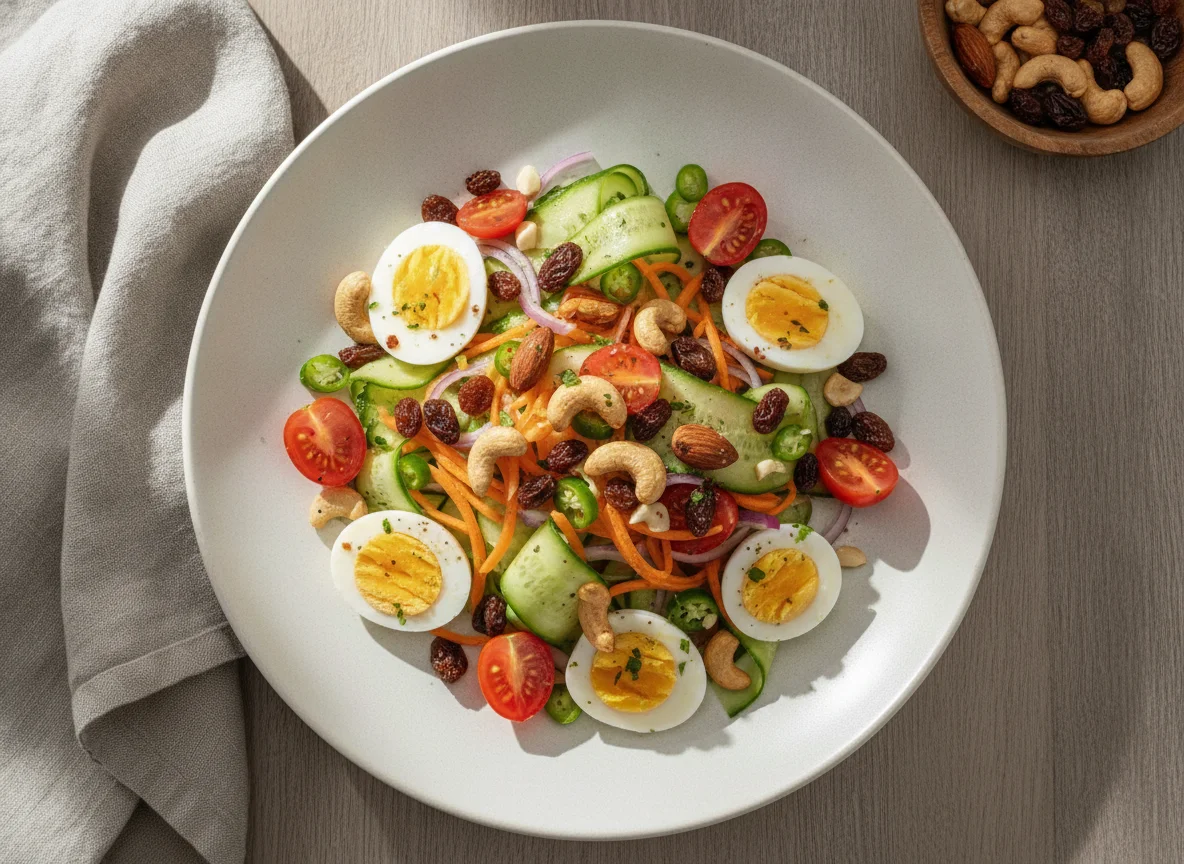 Boiled Eggs with Fresh Vegetable Salad and Nuts photo