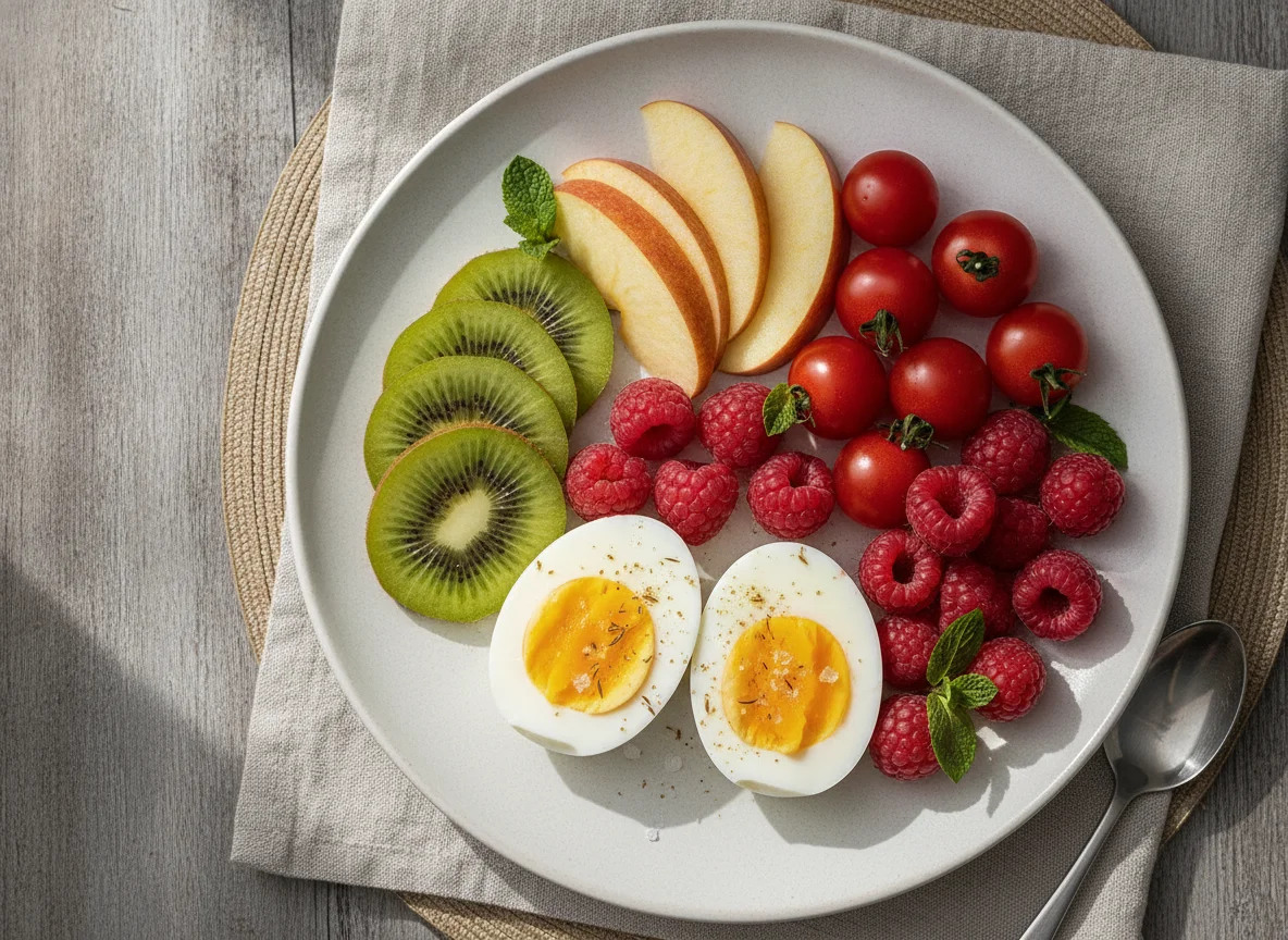 Boiled eggs with fruit and cherry tomatoes photo