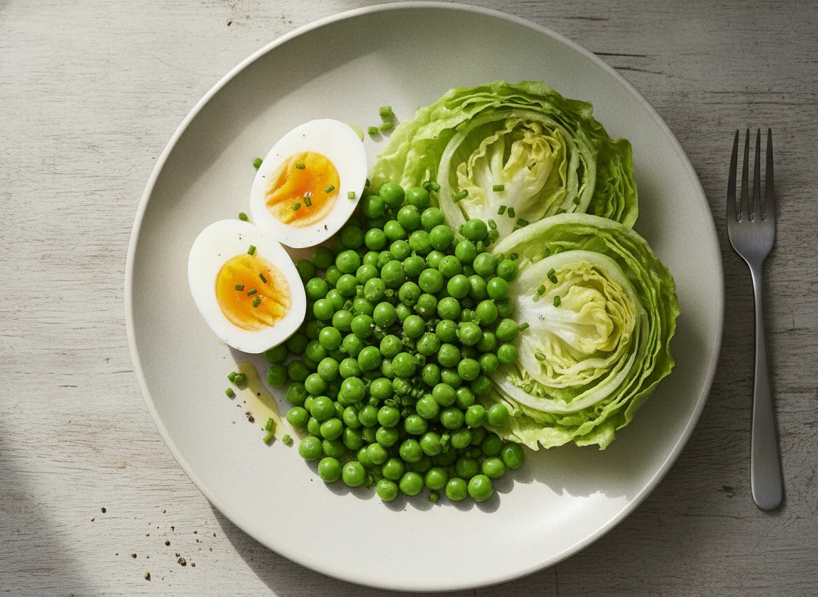 Boiled eggs with green peas and lettuce photo
