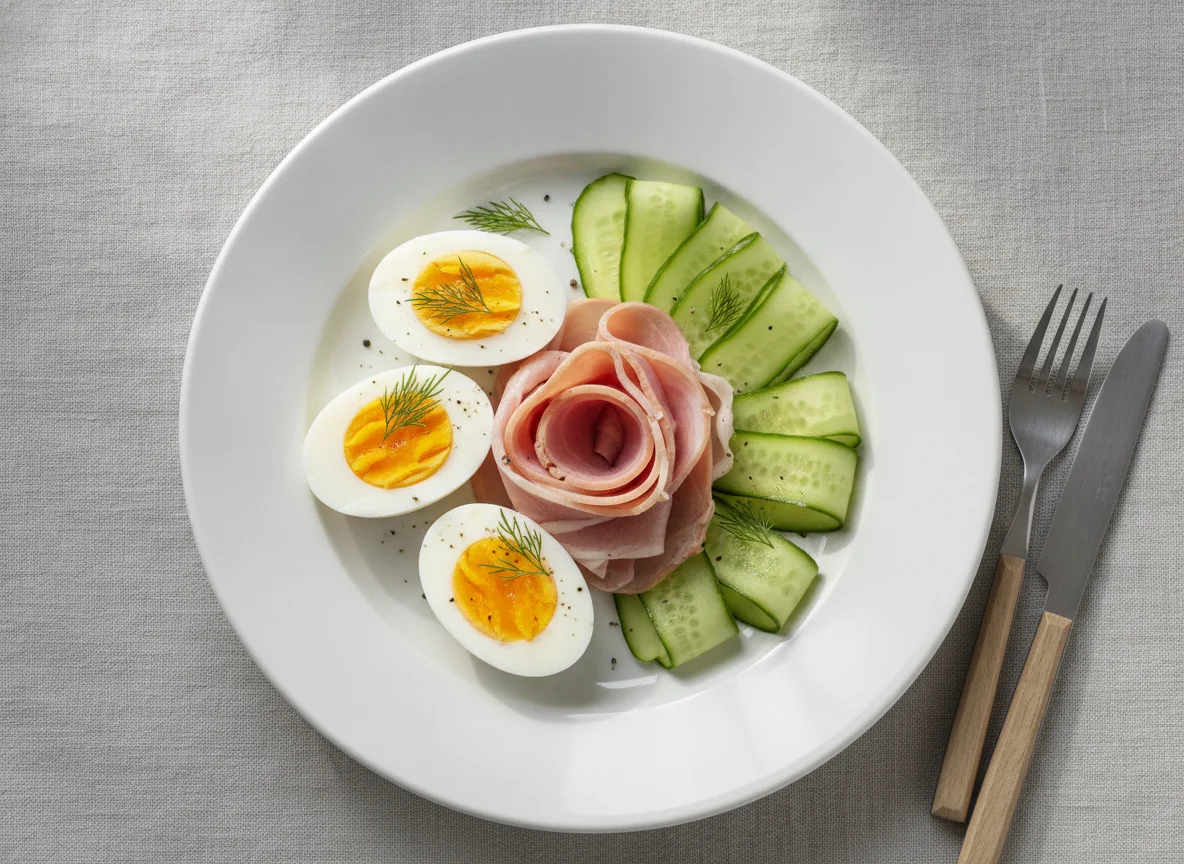 Boiled eggs with ham and cucumber photo