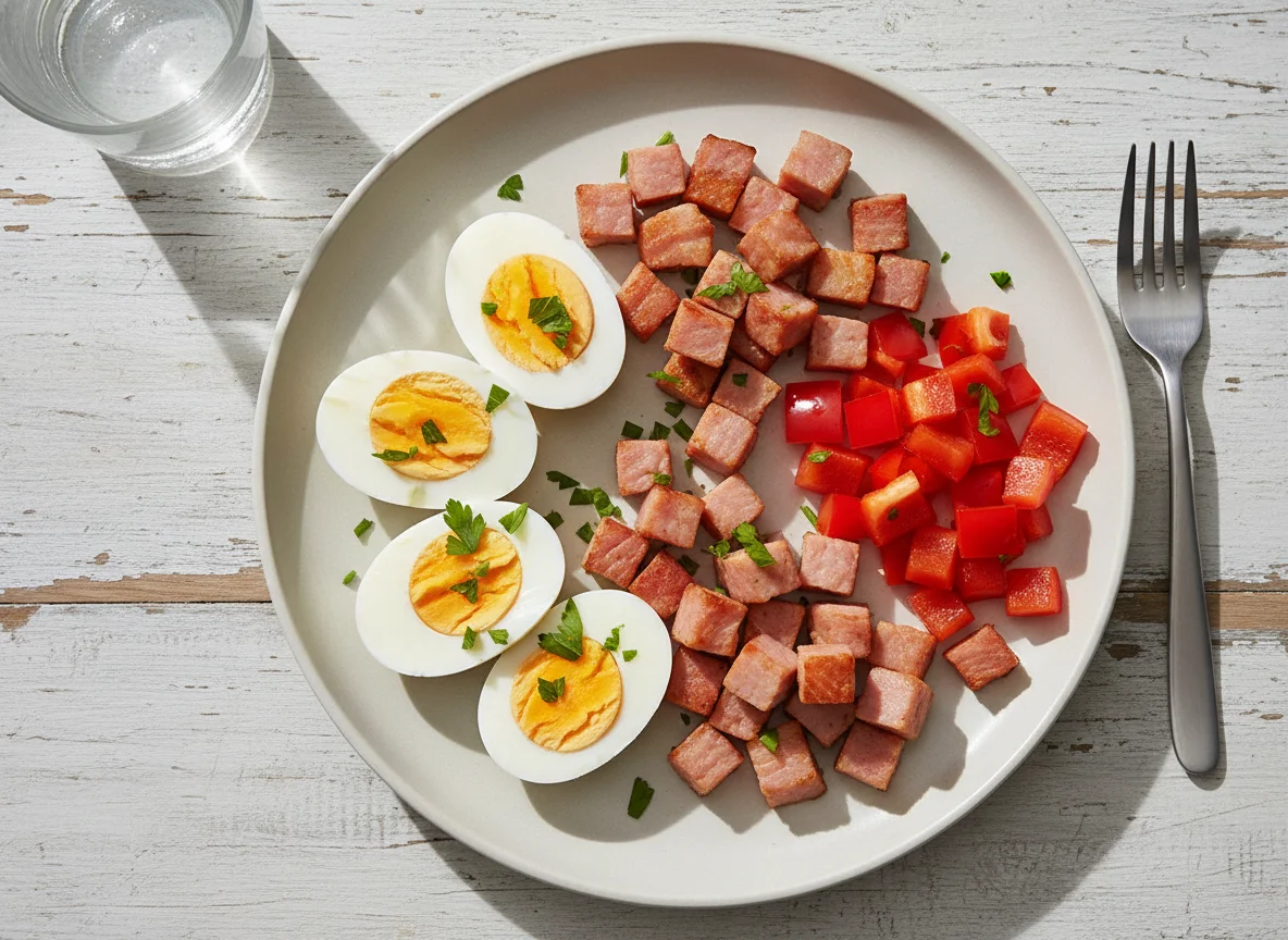 Boiled eggs with ham and red bell pepper photo