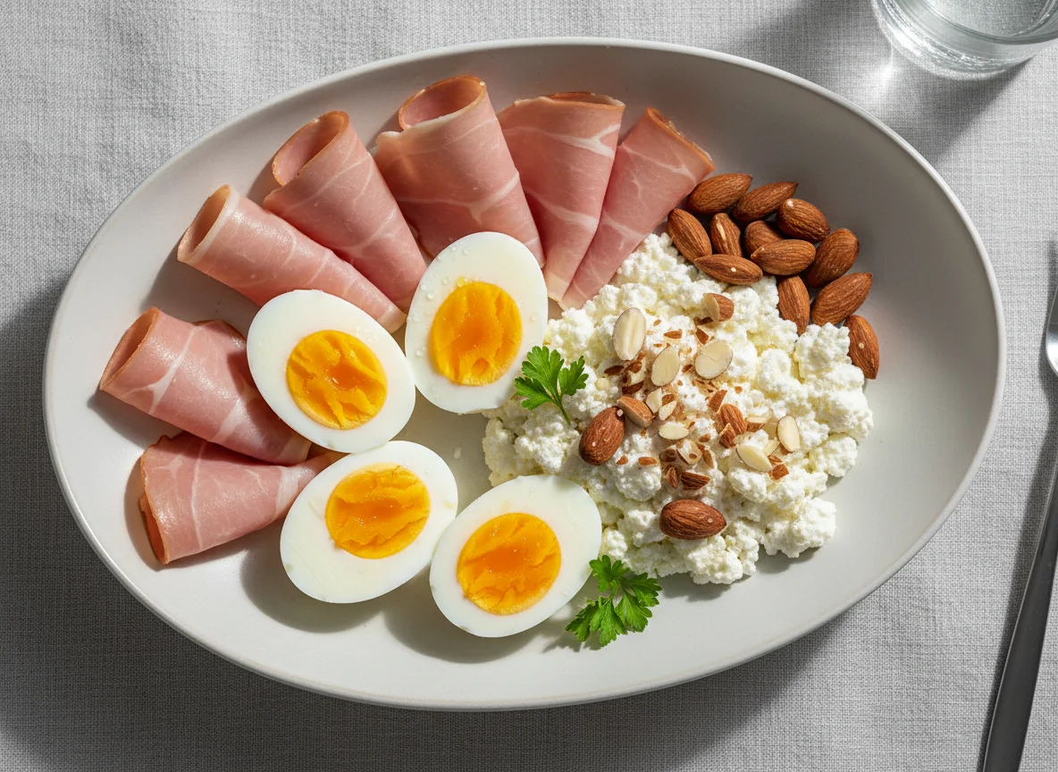 Boiled eggs with ham, cottage cheese and almonds photo
