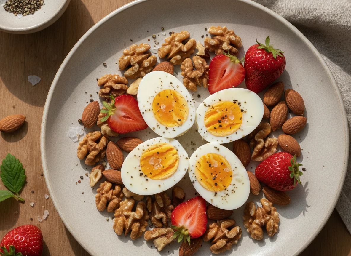 Boiled eggs with nuts and strawberries photo
