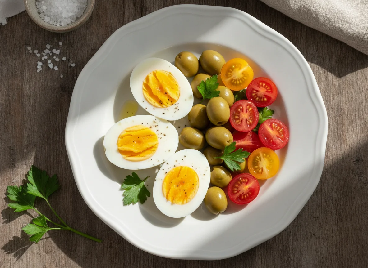 Boiled eggs with olives and cherry tomatoes photo