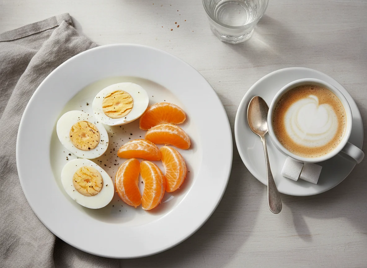 Boiled eggs with orange and coffee photo