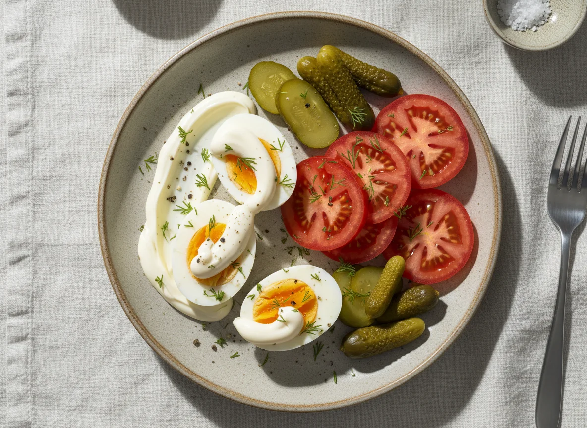 Boiled Eggs with Pickles, Tomatoes, and Mayonnaise photo