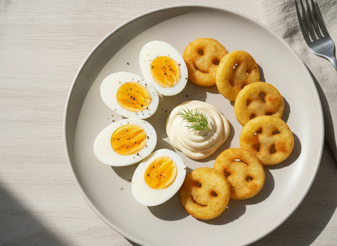 Boiled Eggs with Potato Smiles and Mayonnaise photo
