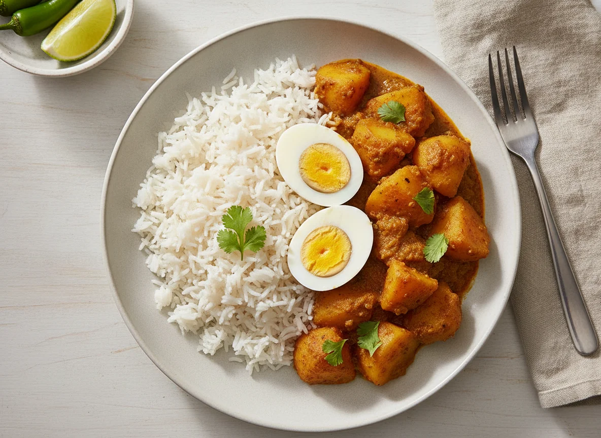 Boiled Eggs with Rice and Potato Curry photo