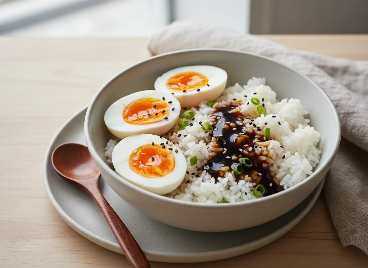 Boiled Eggs with Rice and Soy Sauce photo