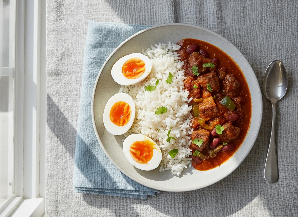 Boiled Eggs with Rice and Stew photo