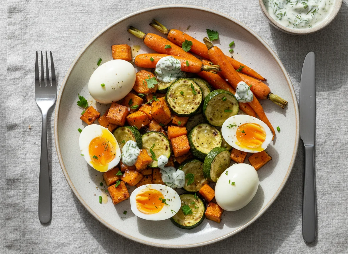 Boiled Eggs with Roasted Vegetables and Sweet Potato photo