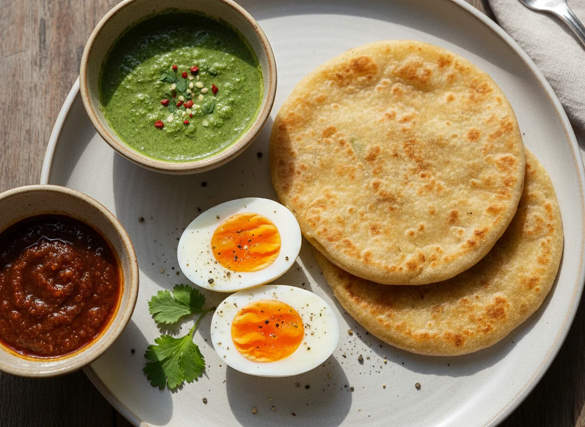 Boiled Eggs with Roti and Chutney photo