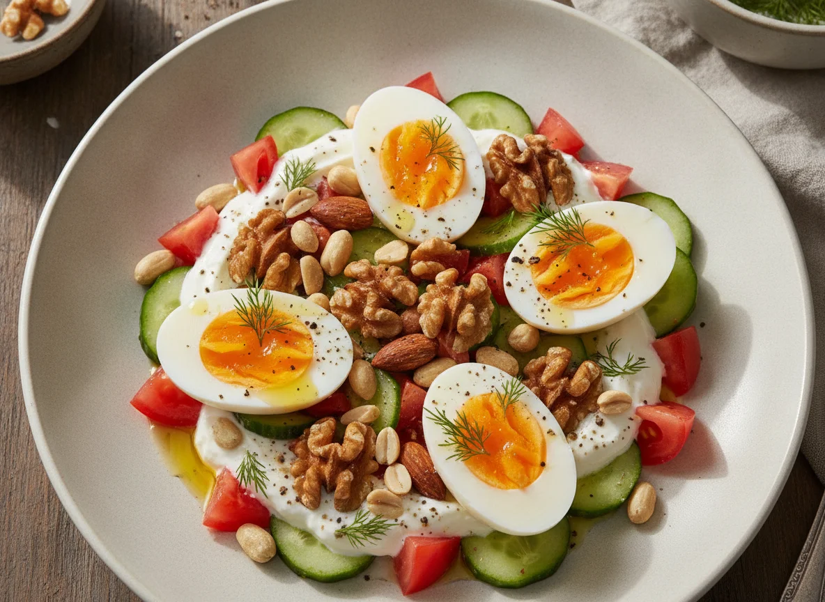 Boiled eggs with salad and nuts photo