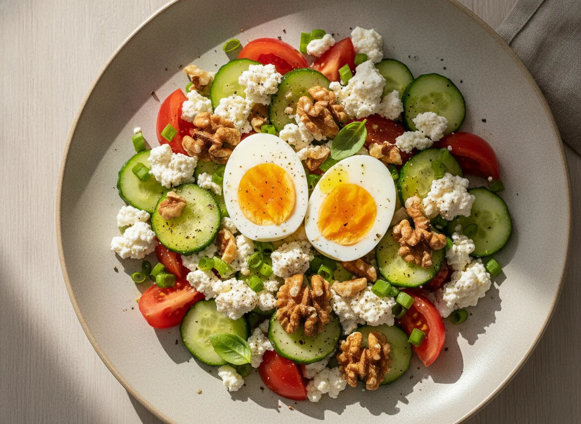 Boiled eggs with salad, walnuts and cheese photo