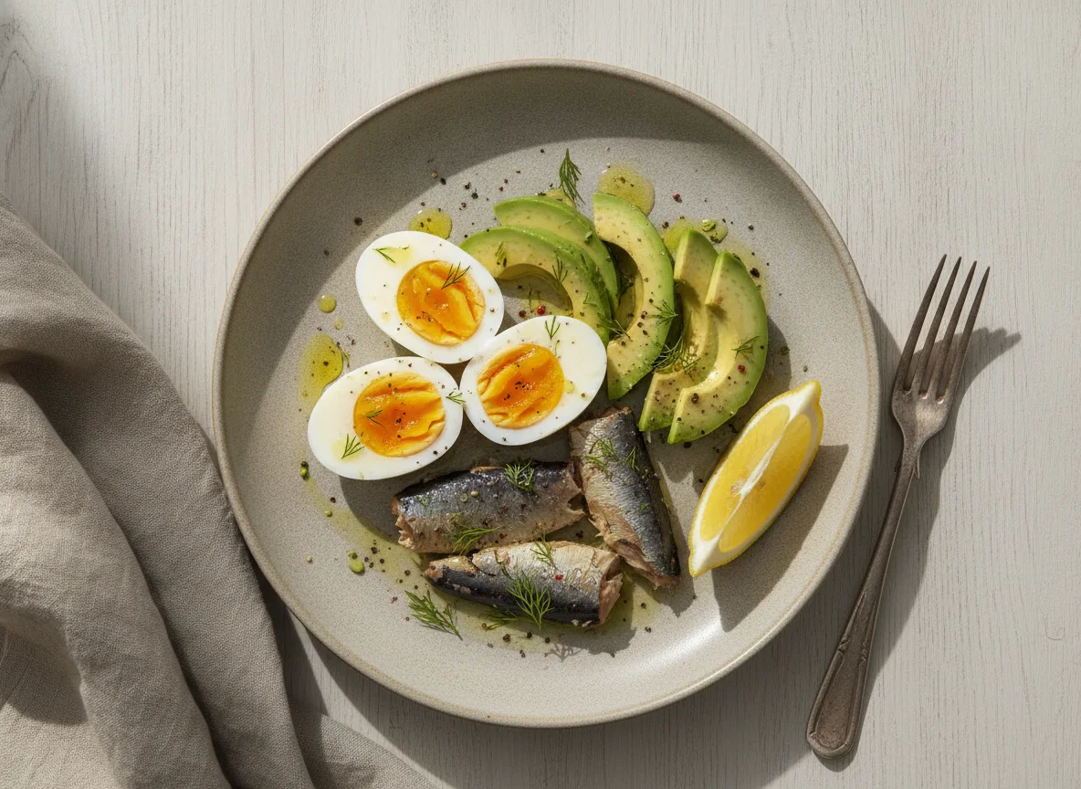 Boiled eggs with sardines and avocado photo