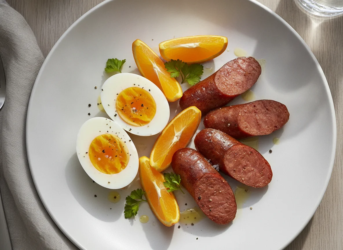 Boiled eggs with sausage and orange slices photo