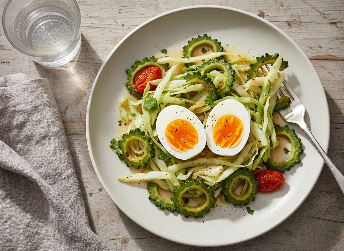 Boiled Eggs with Sautéed Cabbage and Bitter Gourd photo