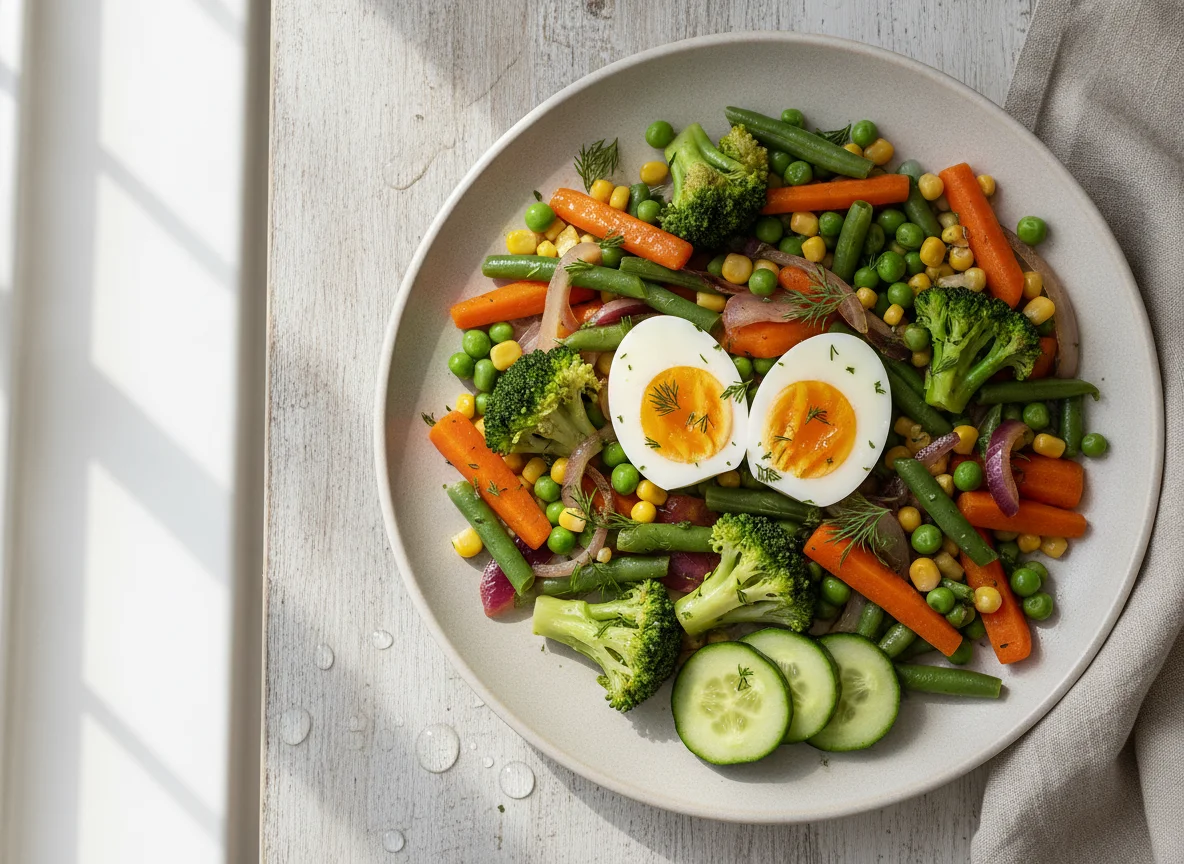 Boiled eggs with sautéed mixed vegetables photo