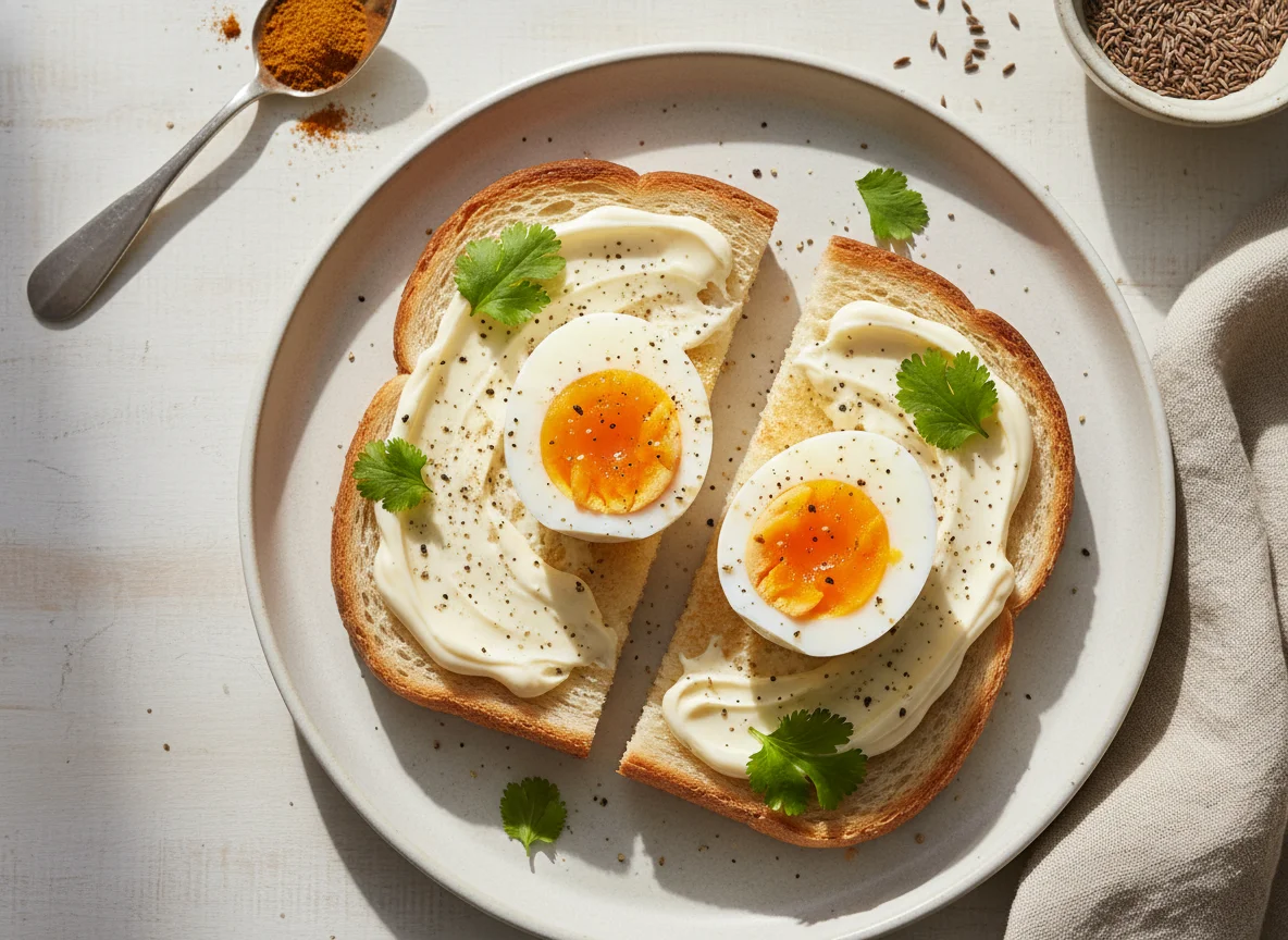 Boiled eggs with seasoned toast photo