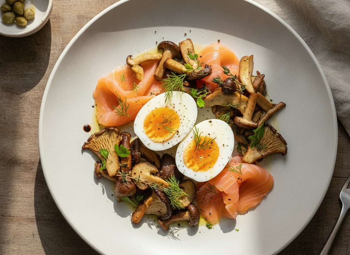 Boiled eggs with smoked salmon and mushrooms photo