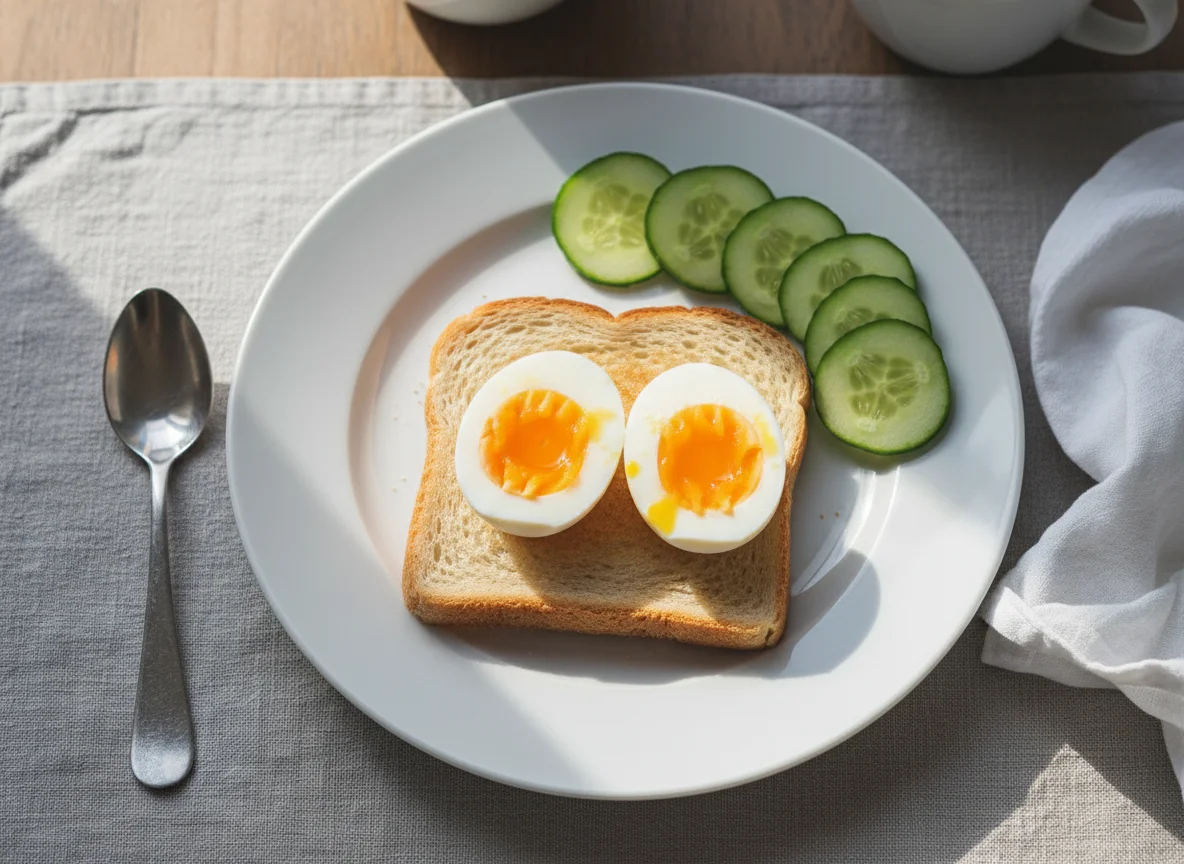Boiled Eggs with Toast and Cucumber photo